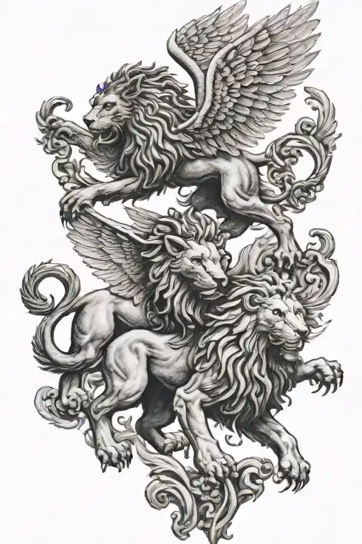 Welsh Draggon And St Marks Winged Lion Facing Each Other