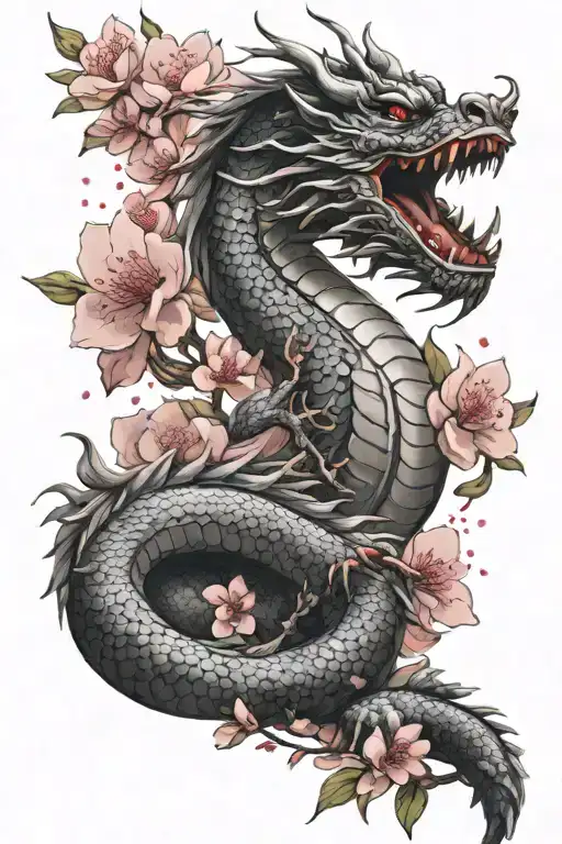 Powerful Majestic Japanese Dragon With A Crown Flying Alongside Cherry Blossoms Surrounded By Stars
