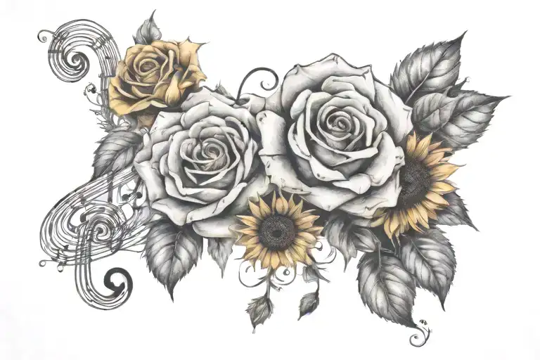 Roses And Sunflowers With Small Music Notes Floating