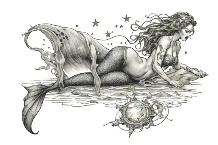 Mermaid On The Beach Siting Upright On The Shore With And The Aquarius Constellation In The Sky