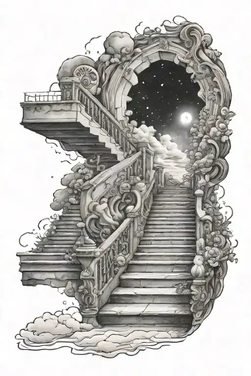 Stairs Going Into Heaven Opening Her Coat With Galaxies