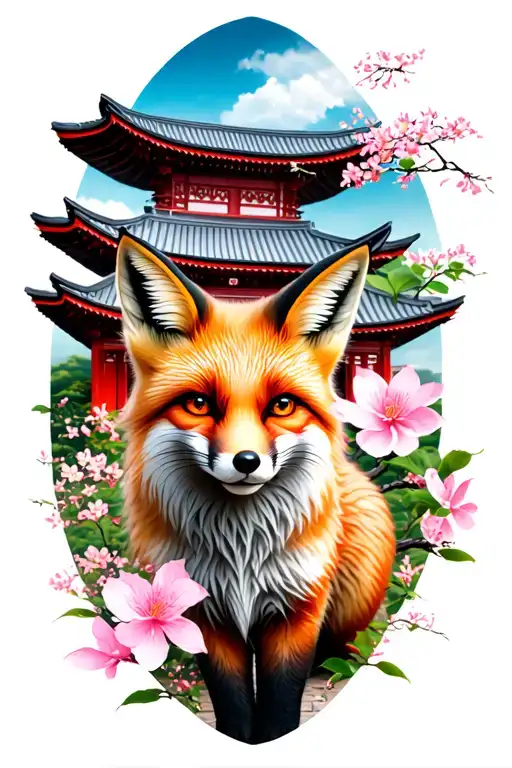 Fox And Sakura Against The Background Of The Temple