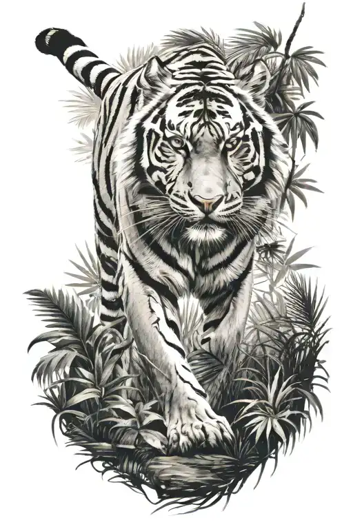 Bengal Tiger Walking Forward Surrounded By Jungle Foliage