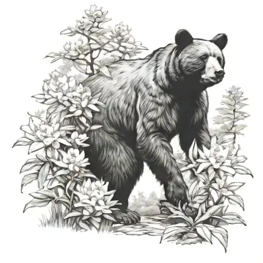 Black Bear Standing On Hind Legs Next To Rhododendrons