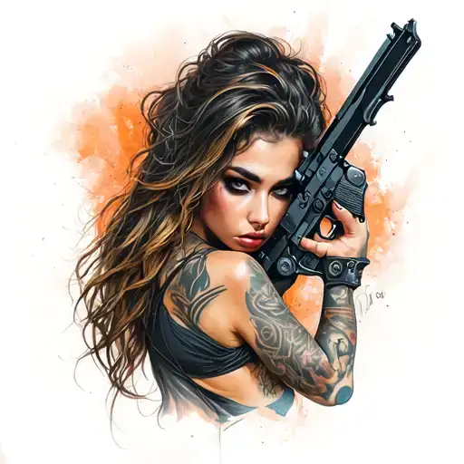 Sexy Girl With Gun Tattoo Cyberpunk Style