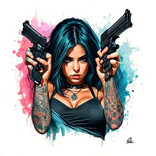Sexy Girl With Gun Tattoo Cyberpunk Style