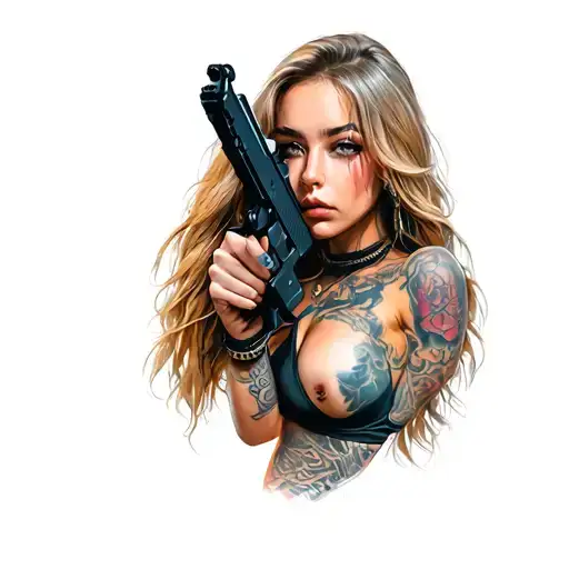 Sexy Girl With Gun Tattoo Cyberpunk Style