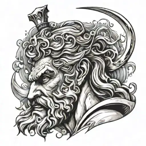 The Face Of Poseidon With His Trident In The Background