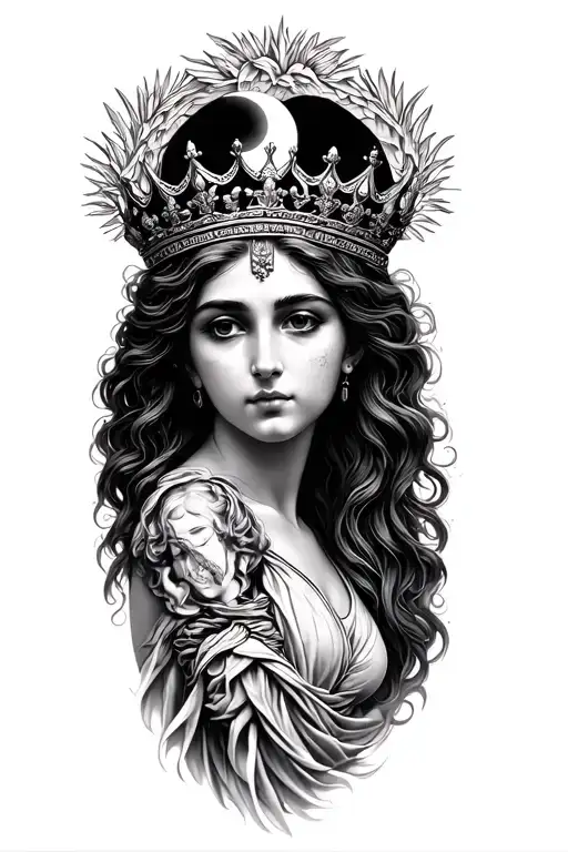 Black & Grey Greek Goddess Of Motherhood Wearing Crown And Moon