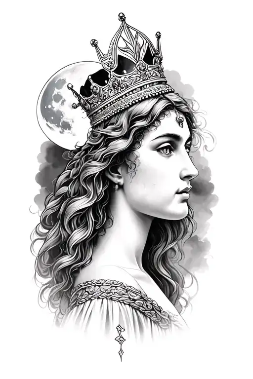 Black & Grey Greek Goddess Of Motherhood Wearing Crown And Moon