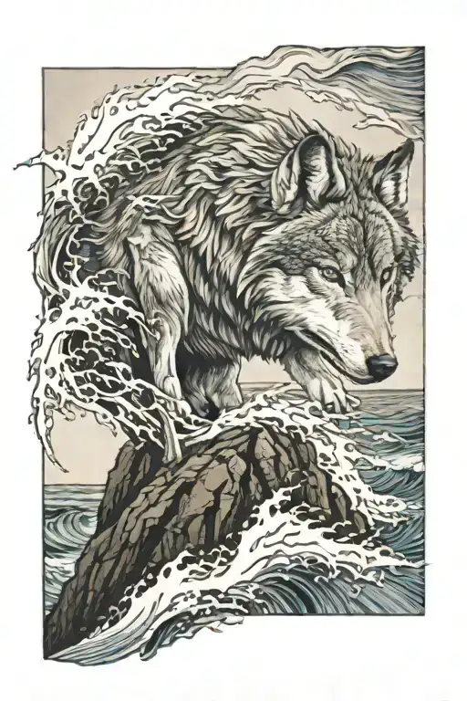Wolf On Cliff Over Ocean Wave