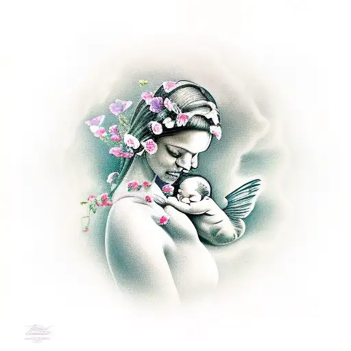 Sweet Pea Flowers In The Shape Of A Mother Holding A Child With Butterfly Wings