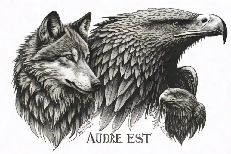 Small Sized Tattoo Of A Wolf And An Eagle And The Words Audere Est Faucere Between Those