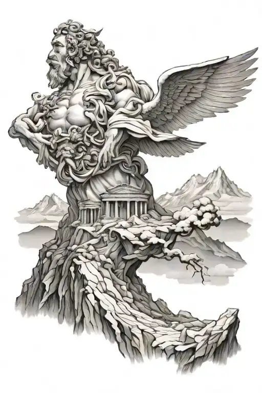 Mythological Mount Olympus In Black And White In A Realistic Style For The Back