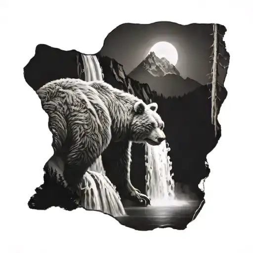 Waterfall With Mountains And Bear