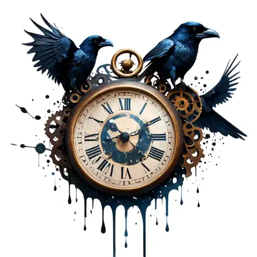 Melting Clock With Gears And Ravens