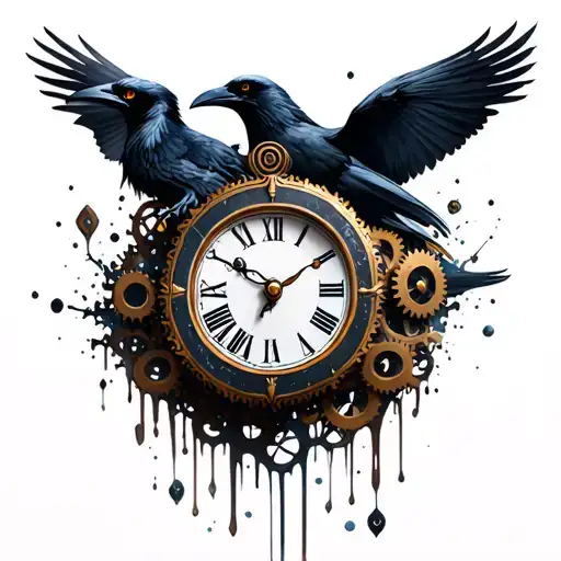 Melting Clock With Gears And Ravens