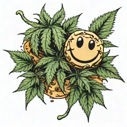 Realistic Marijuana Plant Growing From A Cookie Dough Soil With A Smiley Face On Each Leaf