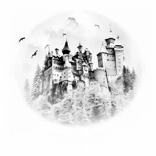 Black And White Tattoo Of Bran Castle With A Full Monn Behind And Bats Flying Around