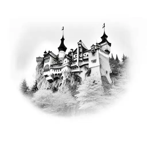 Black And White Tattoo Of Bran Castle With A Full Monn Behind And Bats Flying Around