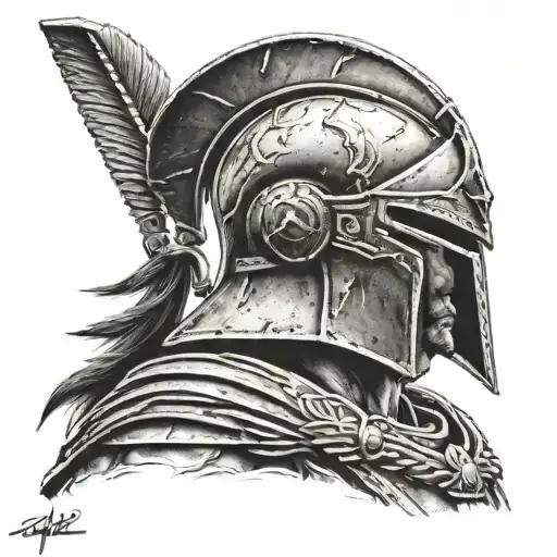 Close Up Portrait Of Spartan With Markings On Helmet Ready For War