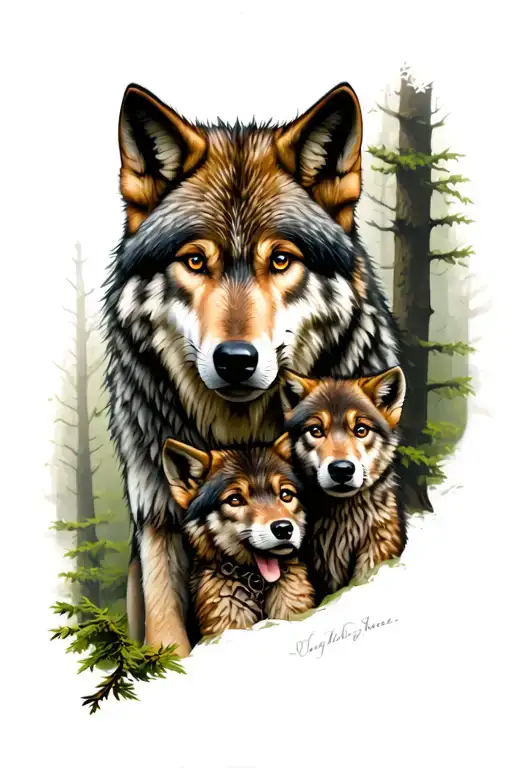 Wolf In The Forest With His Cub