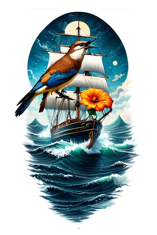 Ship In The Ocean With The Bird Of October Holding The Flower Of October