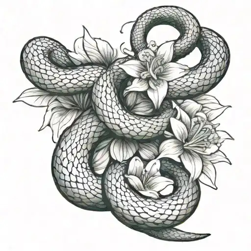 Snake Wrapped Around 3 Flowers Intertwined