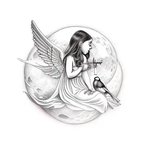Angel Inform Of A Girl Sitting On Moon With Magic Wand In One Hand And Birds Flying On Other