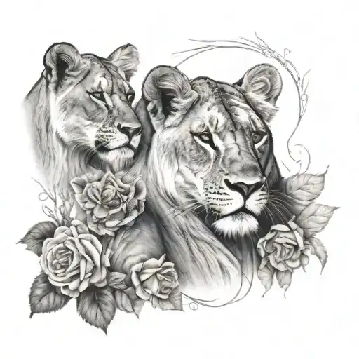 Lioness And 3 Cubs With Roses Black And White