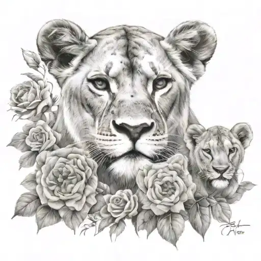 Lioness And Cubs With Roses Black And White