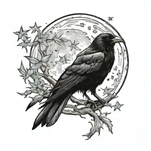 Crow And Moon Surrounded By Stars