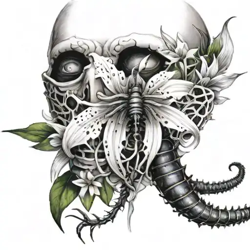 Centipede Crawling Through A Tokyo Ghoul Mask Surrounded By Spider Lilly Flowers