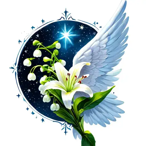 Tattoo With 1 Sprig Of Lily Of The Valley With Wings Behind And Stars Shining Around