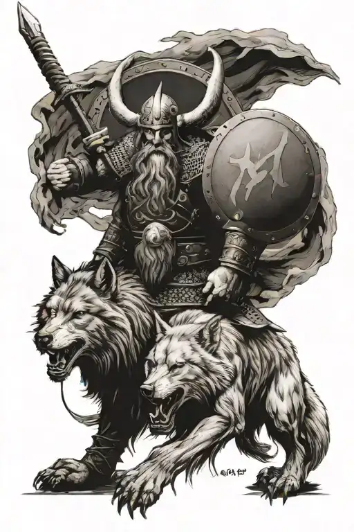 Viking With A Shield And A Wolf Howling