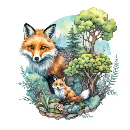 A Fox And Hedgehog In A Whimsical Pastel Watercolor Forest Setting