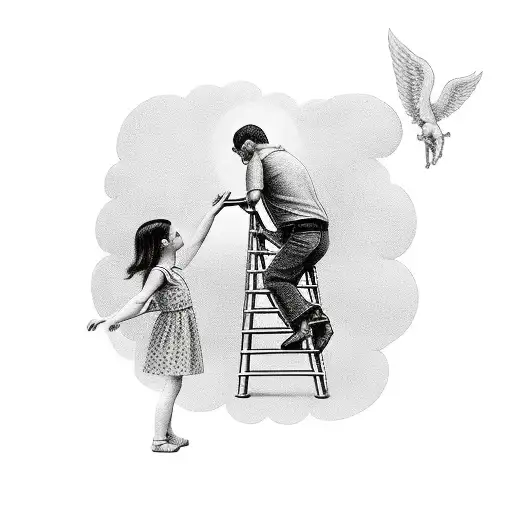 Father And Daughter Climbing A Ladder With A Clock And Angels