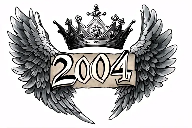 Angel Wings Tattoo With A Crown On Top And 2004 Written In The Middle