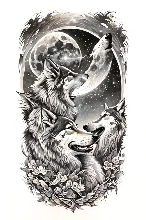 A Cosmic Tattoo Featuring A Galaxy With Wolves Howling At The Moon