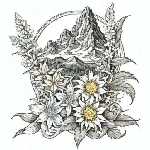 Mountain With Edelweiss And Carpenter Tools
