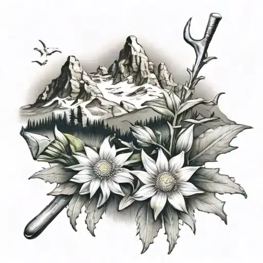 Mountain Scene With One Edelweiss Flowerand Carpenter Tools