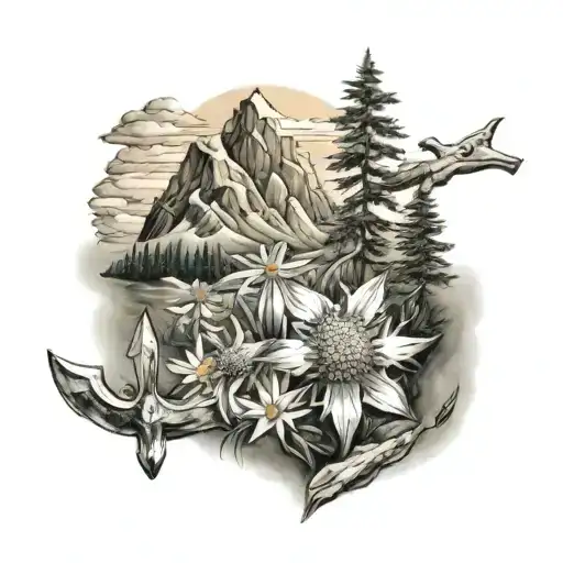 Mountain Scene With One Edelweiss Flower And Hammer