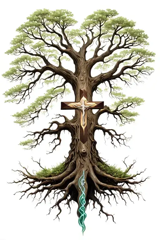 Yggdrasil Tree With A Christian Cross Being Grown Around In The Trunk