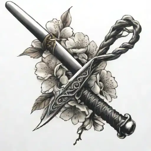 Cherry Blossom Branch With A Samurai Sword