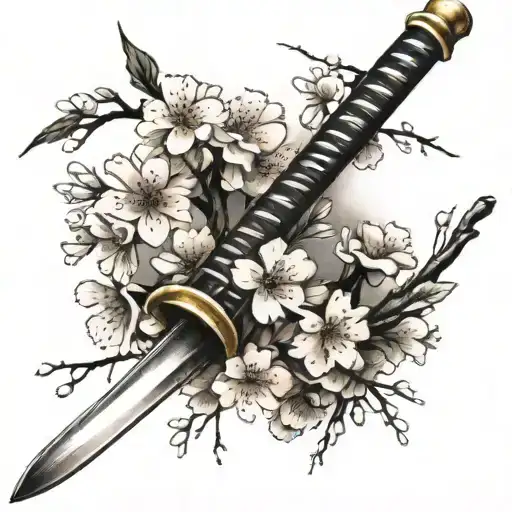 Cherry Blossom Branch With A Samurai Sword