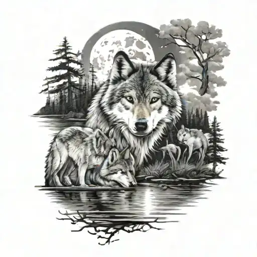 Wolf Family Under Moonlight Lake Scene