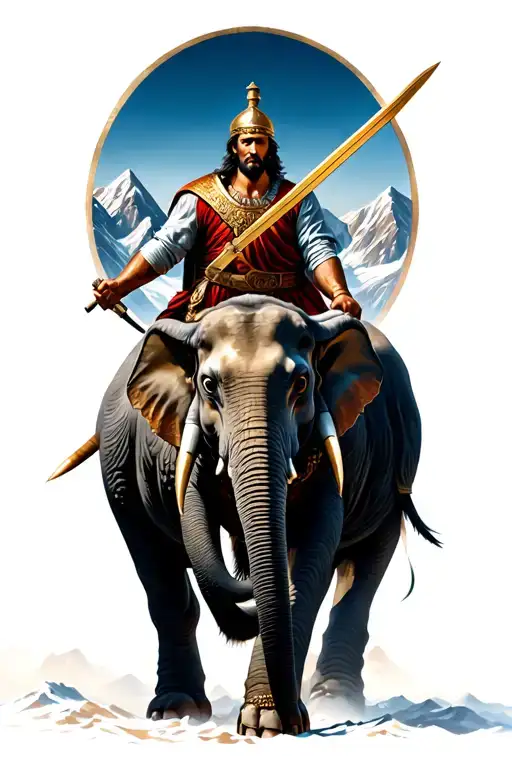 Hannibal Barca Holding A Golden Sword On A War Elephant Crossing The Alps Slightly Facing The Left