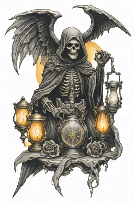 Grim Reaper With Hourglass And Archangel And Sun
