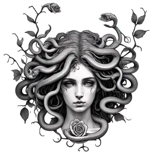 Medusa Head Surrounded By Her Snakes And In Rose Vines