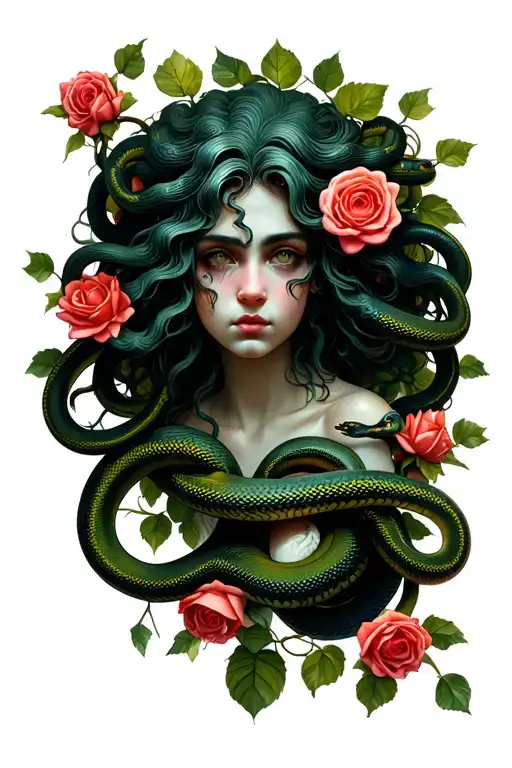 Medusa Head Surrounded By Her Snakes And In Rose Vines In A Diagonal View